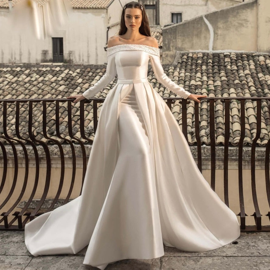 Princess long sleeves white satin ball gown wedding dress with lace bodice  and train - various styles